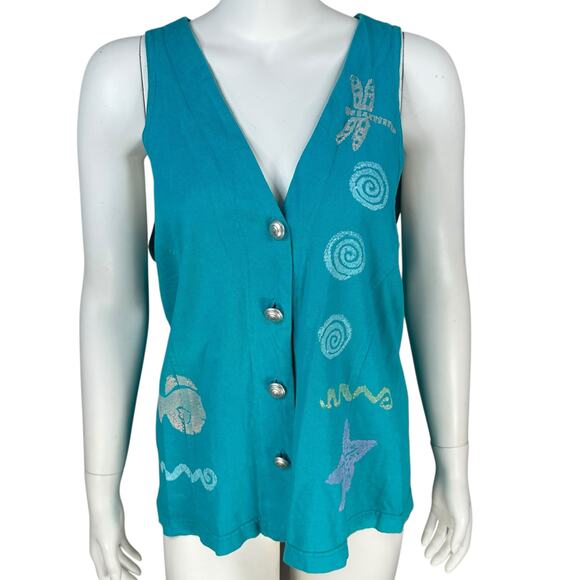 Vintage Blue Cactus Vest Women Small Coastal Artsy Oversized Y2K 90s Block Print - Picture 1 of 10